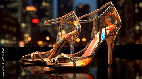 Generate an image of a pair of chic transparent mules against a backdrop of vibrant city lights and bustling nightlife, embracing metropolitan chic. photo