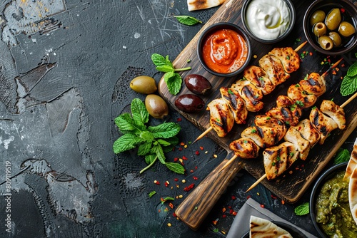 Top view of a rustic wooden board holding chicken kebabs and spicy dipping sauces, surrounded by pita bread, mint leaves, and olives.