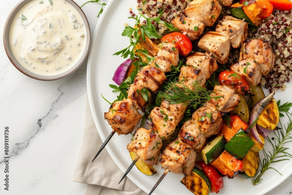 Top view of chicken kebabs arranged elegantly on a minimalist white tray with quinoa salad, yogurt sauce, and grilled vegetables