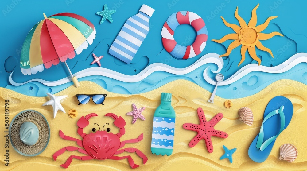 This is a beach scene made of paper. There is a blue ocean with white waves crashing on a sandy beach. This is a beach scene made of paper. There is a blue ocean with white waves crashing on a sandy beach.
