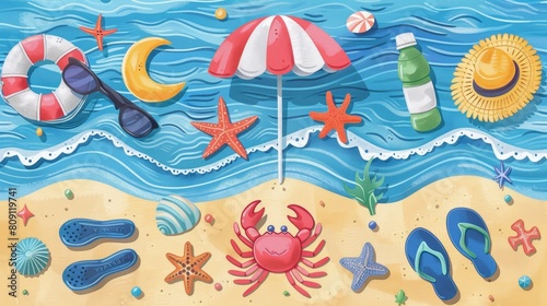 This is a beach scene made of paper. There is a red umbrella, a yellow sun, blue water, a red crab, a starfish, a beach bag, and other items.