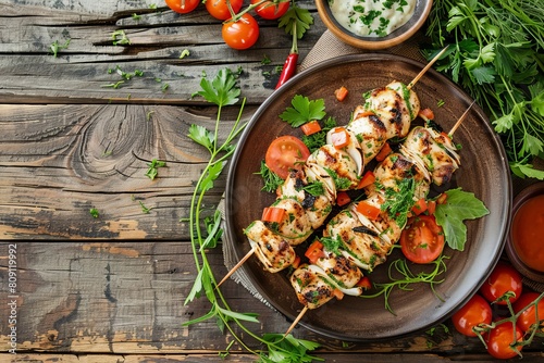 Elegant flat lay of a plated chicken kebab garnished with fresh herbs, tomatoes, and a side of dipping sauce