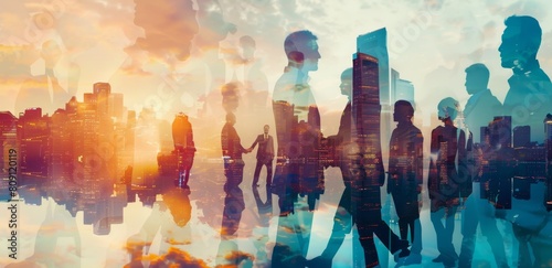 Double exposure photograph of a group of business people shaking hands and a cityscape, in the style of double exposure photography Generative AI photo