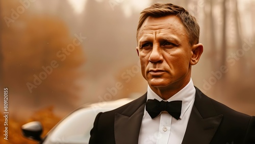 Man in tuxedo like James Bond with car and foggy background. Concept James Bond Style, Tuxedo and Car, Foggy Background, Sophisticated Look, Classic Elegance photo