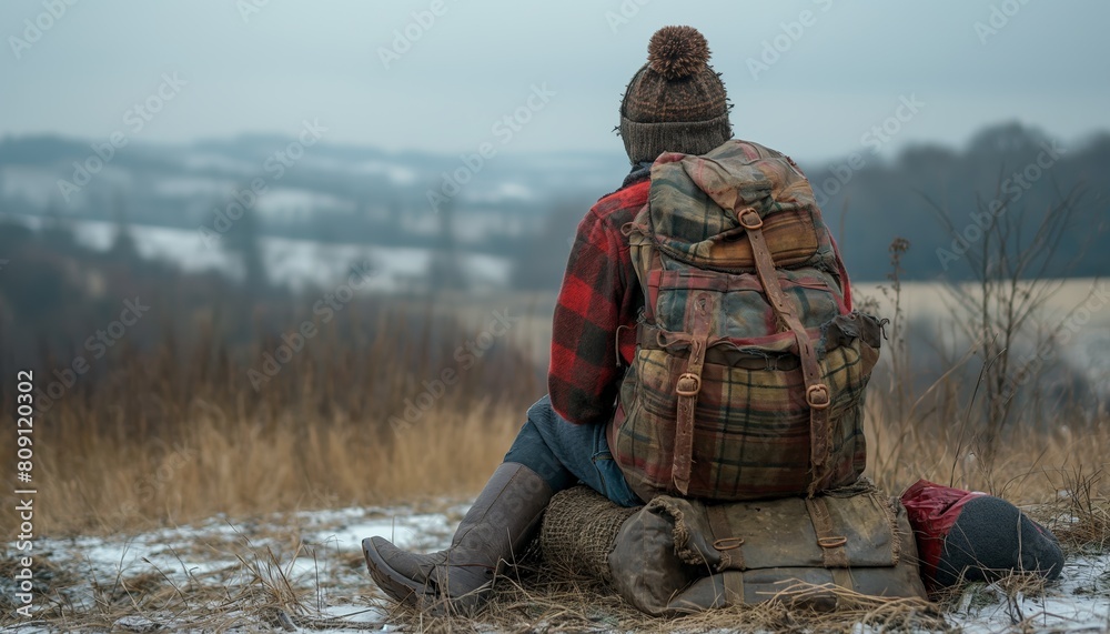 Naklejka premium Person sitting on a cold winter field