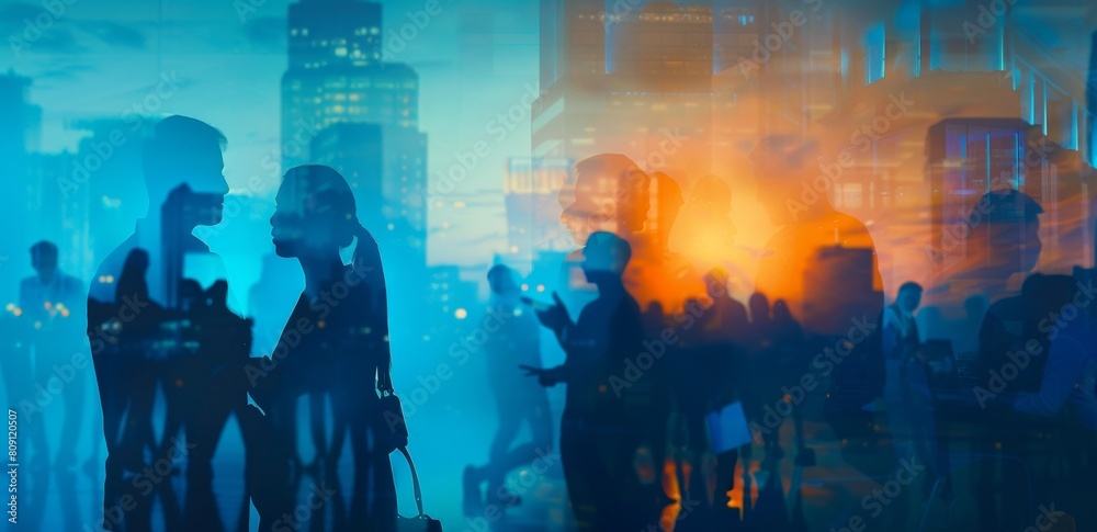 Double exposure of business people silhouettes and cityscape, depicting a business team meeting concept with males and females shaking hands in an office Generative AI Double exposure of business people silhouettes and cityscape, depicting a business team meeting concept with males and females shaking hands in an office Generative AI