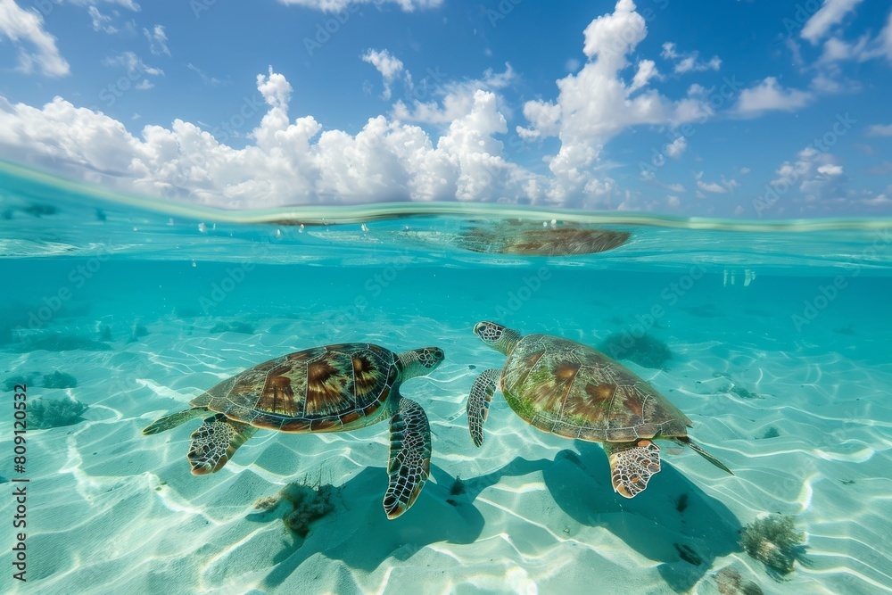Green sea turtles migrating through clear waters. Deep blue sea and sky background.