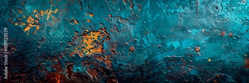 weathered steel surface with scratches, rust, and oil stains, reflecting a neon blue light. Gritty and textured. photo