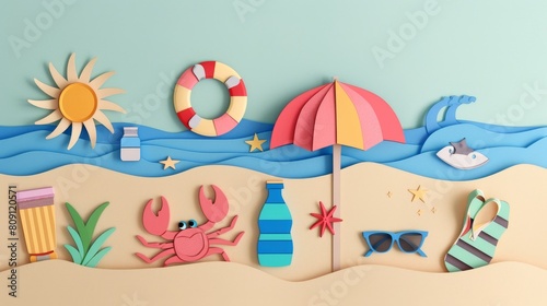 summer image of a beach scene made of paper holiday illustration background. © Nicky