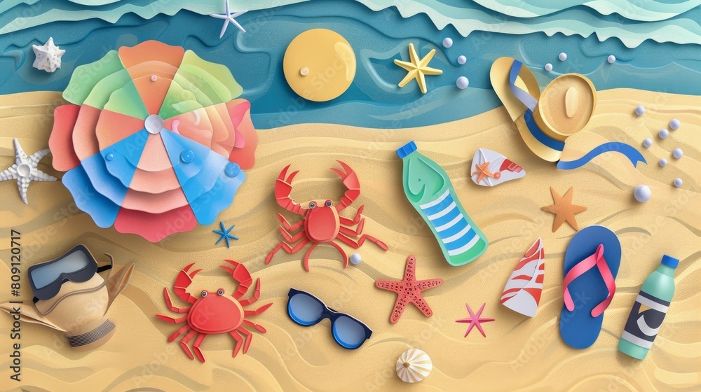 summer background with items This is a beach scene made of paper cut. summer background with items This is a beach scene made of paper cut.