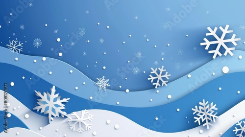 A blue background with white snowflakes paper cut style.