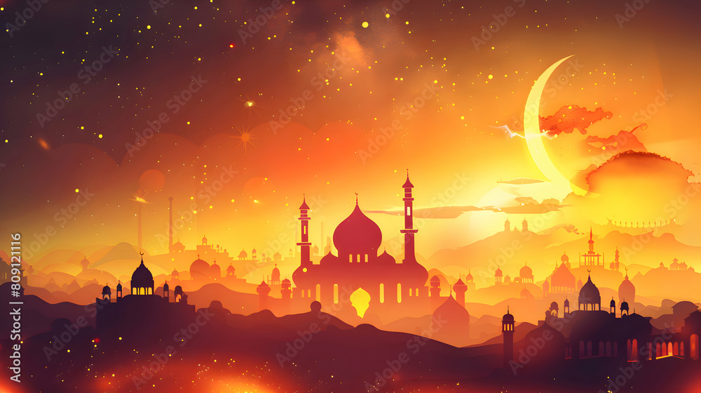 Obraz premium Eid al adha islamic poster, Background design.Eid al adha, eid al fitr concept illustration background,Generative Ai