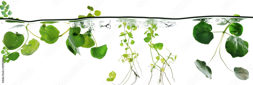 Obraz premium set of aquatic creepers with leaves floating on water surfaces, isolated on transparent background