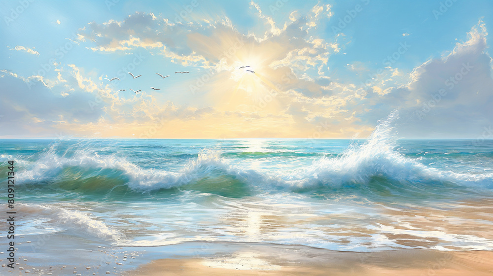 A painting of a beach with a large wave and birds flying in the sky A painting of a beach with a large wave and birds flying in the sky
