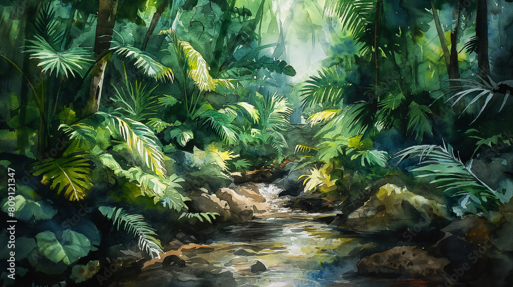 A painting of a jungle scene with a stream running through it