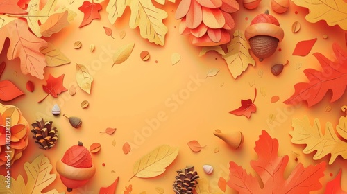 Autumn Leaves Frame with Red and Orange Floral on Yellow Seamless Background
