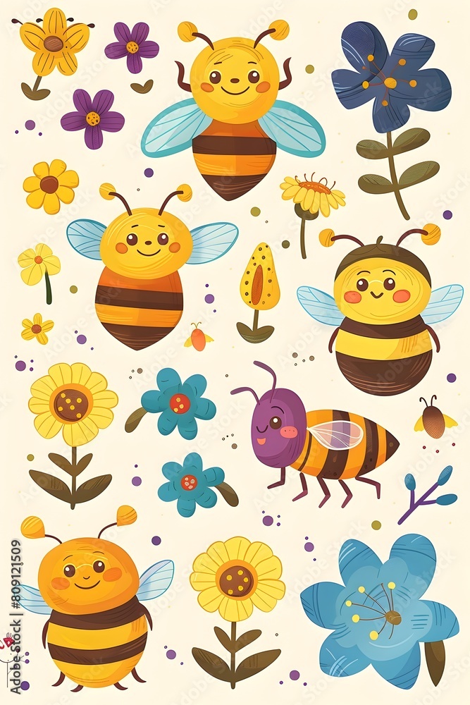 Fototapeta premium Adorable Bee themed Digital Sticker Set with Cheerful of Busy Bumblebees Pollinating Flowers and Collecting Honey