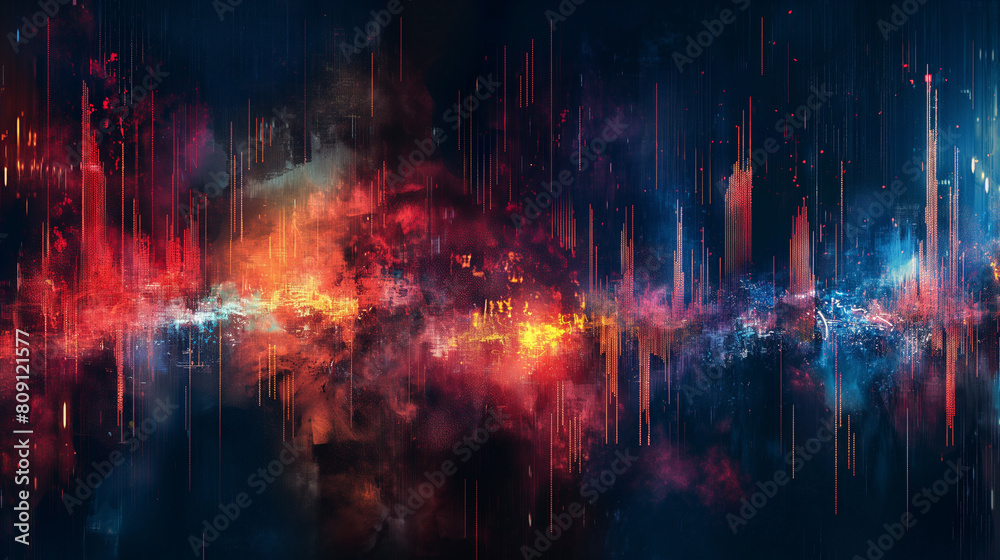 A colorful, abstract image of a cityscape with a red and blue sky