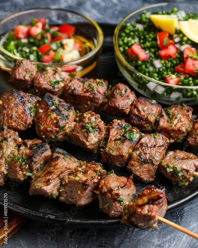 Lamb kebabs served with tabbouleh and lemon wedges