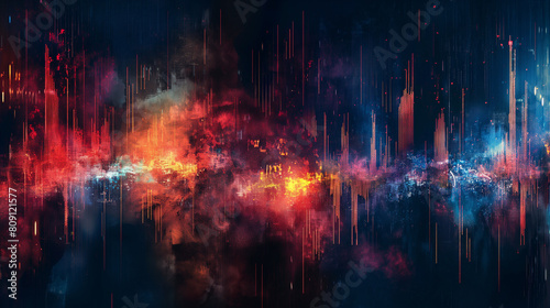 A colorful, abstract image of a cityscape with a red and blue sky