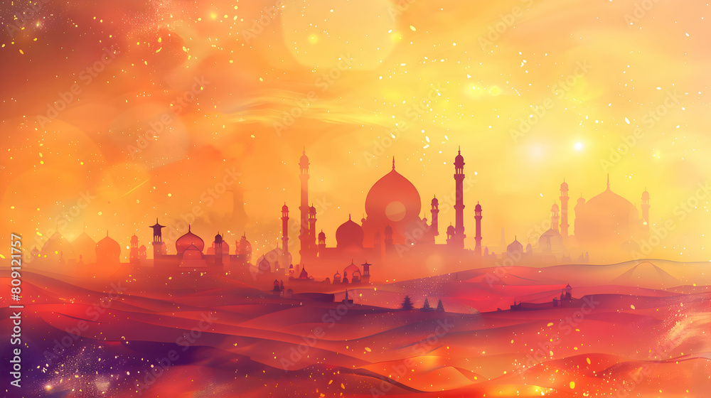 watercolor Eid al adha islamic poster, Background design.Eid al adha, eid al fitr concept illustration background,Generative Ai