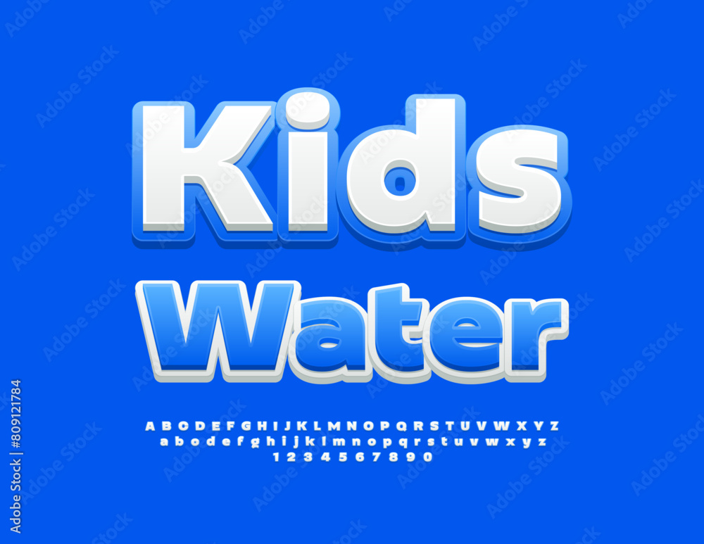 Vector artistic sign Kids Water. Modern 3D Font. Artistic Alphabet Letters and Numbers set.