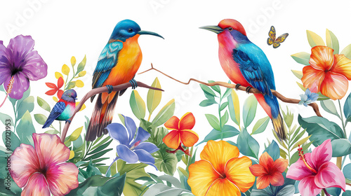 Two birds are perched on a branch in a lush, colorful garden