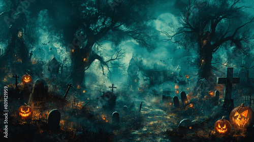 A Halloween themed painting of a graveyard with a cemetery full of gravestones photo