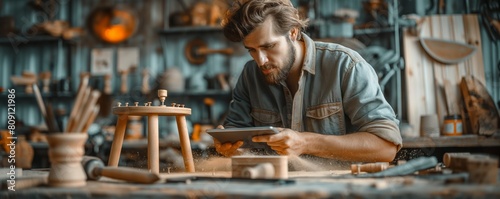 Craftsman using tablet in a woodshop photo