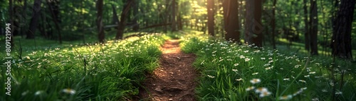 Green forest hiking trail with flowers and lush natural scenery sustainable outdoor recreation and environmental conservation concept