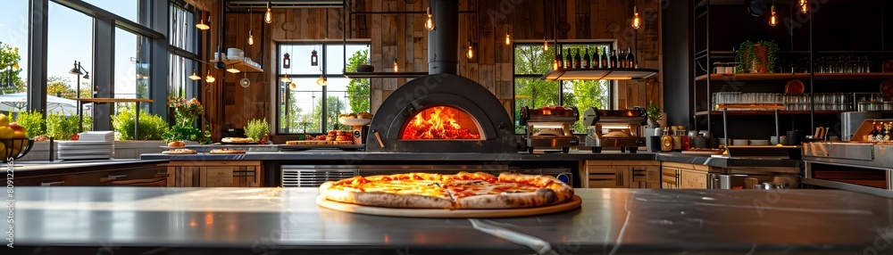 Cozy and Inviting Gourmet Pizzeria with Glowing Wood Fired Oven in Open Restaurant Space Ideal for Dining Hospitality and Culinary Concept