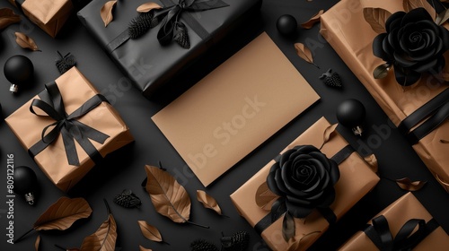 Wrapped Gift Boxes  black paper flowers and feathers  mockup