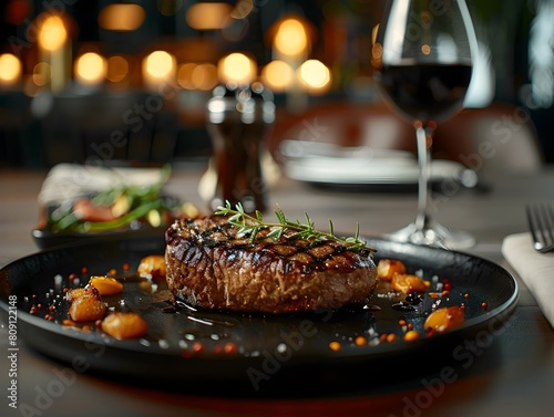 Upscale Steakhouse Dining Experience with Elegant Plating and Mood Lighting