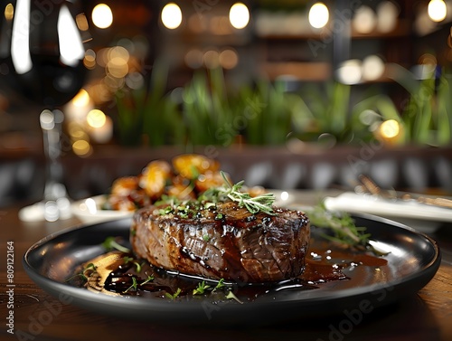 Upscale Steakhouse Presentation with Elegant Plating Mood Lighting and Luxurious Furnishings in an Inviting Restaurant Setting