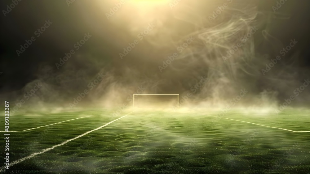 A foul stench arises from the dark toxic fog on the green soccer field. Concept Mystery, Suspense, Toxic fog, Soccer field, Foul stench