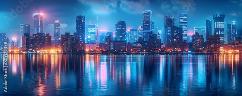Illuminated Nighttime Skyline of a Vibrant and Prosperous Business District in a Thriving Metropolis