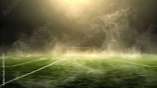 A foul stench arises from the dark toxic fog on the green soccer field. Concept Mystery, Suspense, Toxic fog, Soccer field, Foul stench