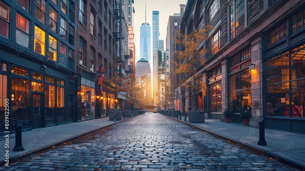 Fototapeta premium Historic Business District Blending Old and New in Urban Cityscape at Sunset