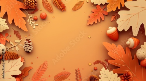 This is an image of a fall-themed background with orange and yellow leaves  acorns  and pinecones.
