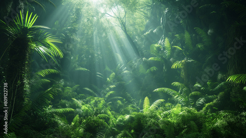 A lush green jungle with sunlight shining through the trees