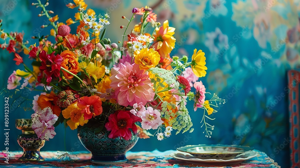 Ramadan-themed floral arrangement with blossoms in vibrant hues, exuding joy and vitality.