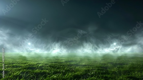 A noxious haze envelops a lush soccer field. Concept Soccer Field, Haze, Noxious, Lush, Enveloping, Contrast