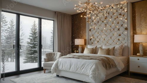 Beautiful Christmas white and gold wedding bedroom facing facing forward. Christmas reef on back wall. Bed facing forward camera. Window in the back with snow falling outside. Close view. Full image