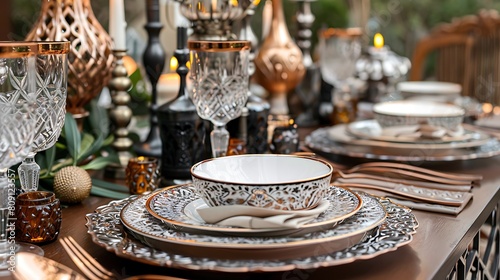 Ramadan-themed table setting with elegant dinnerware and festive decorations, ready for a special occasion.