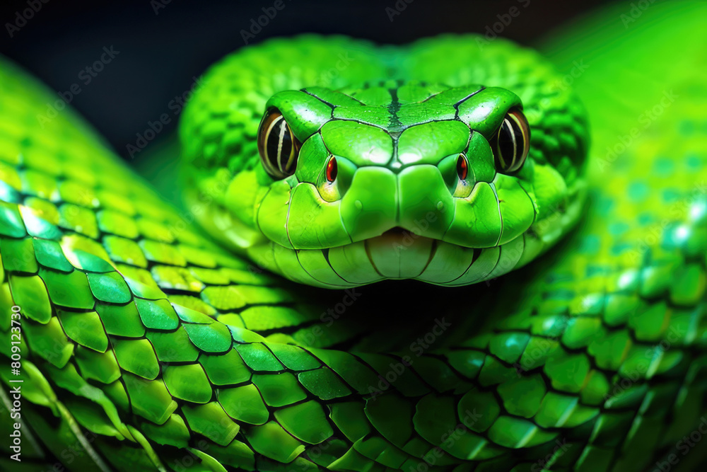 Fototapeta premium A curled up green snake with yellow eyes
