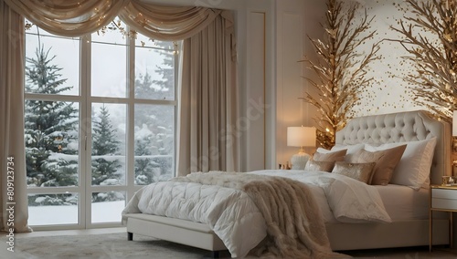 Beautiful Christmas white and gold wedding bedroom facing facing forward. Christmas reef on back wall. Bed facing forward camera. Window in the back with snow falling outside. Close view. Full image © Hataf
