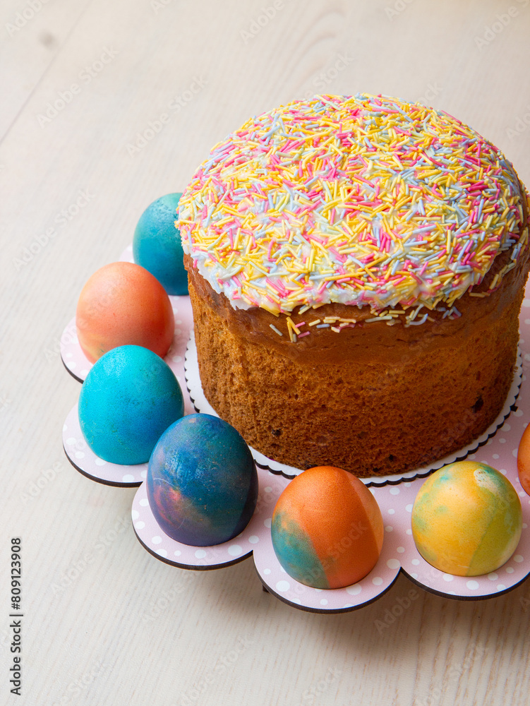 bright Easter cake and colorful painted eggs, Easter holiday
