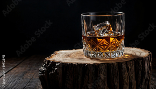 Whiskey with Ice on a Wooden Table