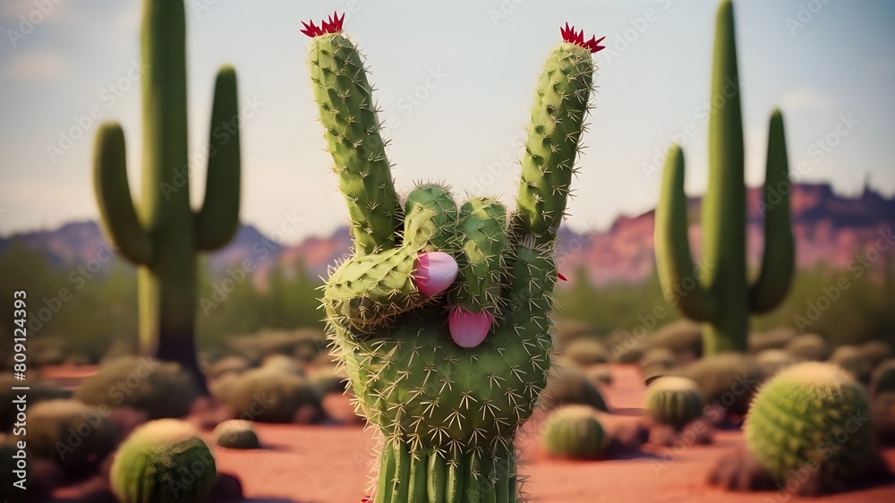 A cactus with a hand gesture that says bug on it. A cactus with a hand gesture that says bug on it.