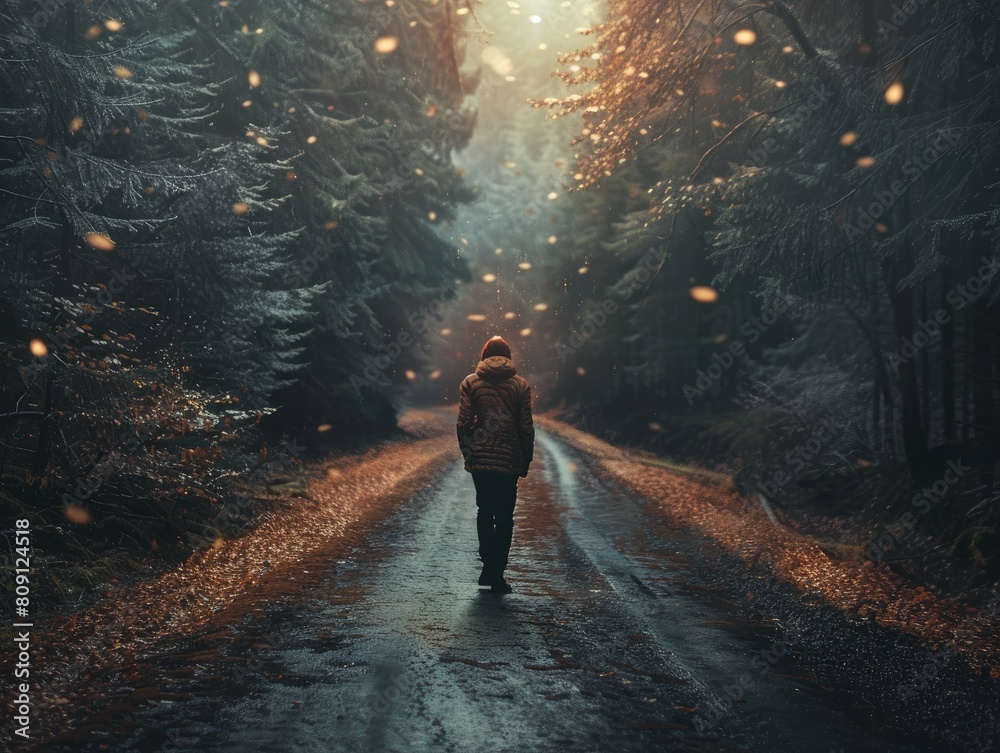 The photo shows a person walking alone on a path in the woods The photo shows a person walking alone on a path in the woods